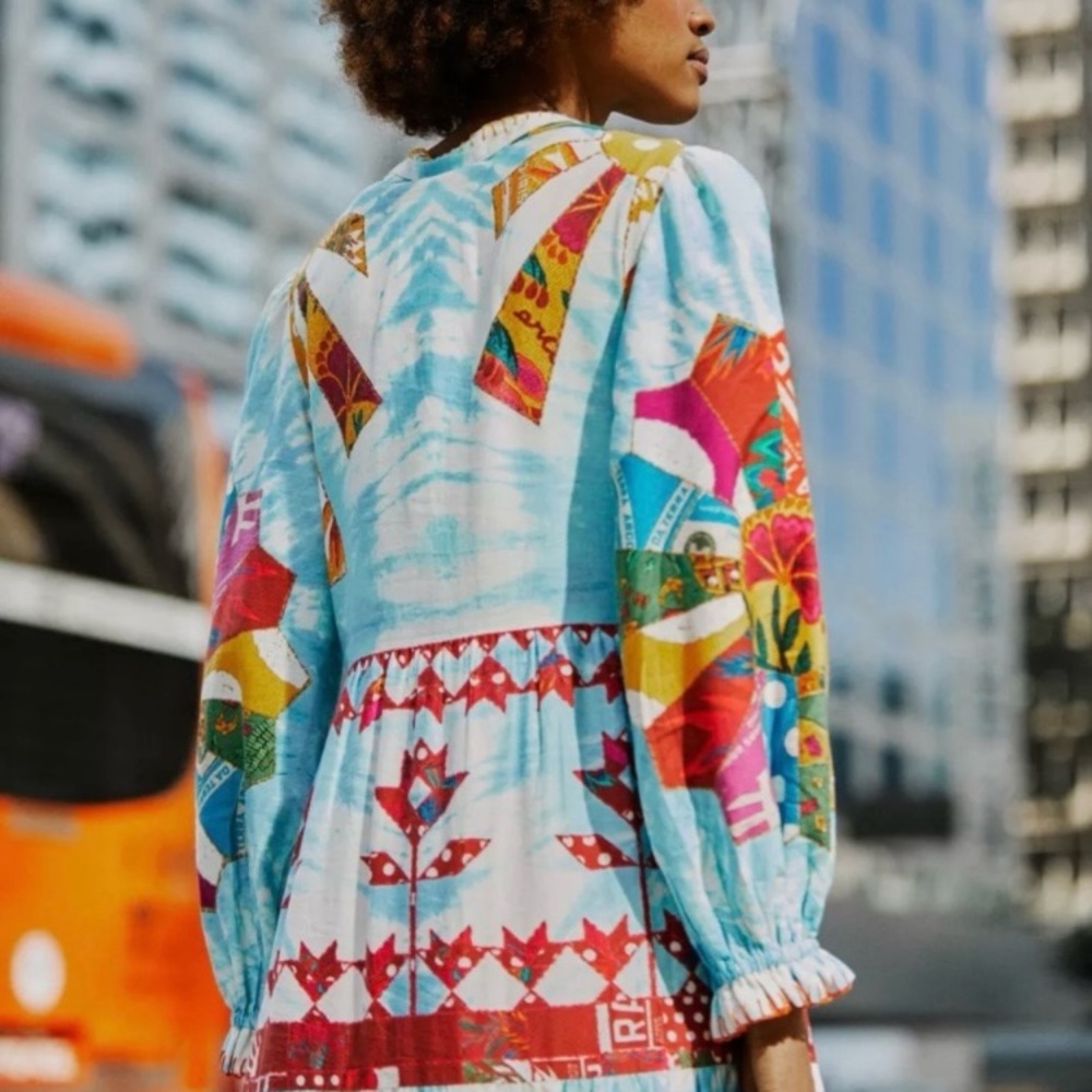 RARE FARM Rio Tie Dye Rainbow Patchwork Maxi Dress Batik Print Blue Size S or M - Picture 5 of 16